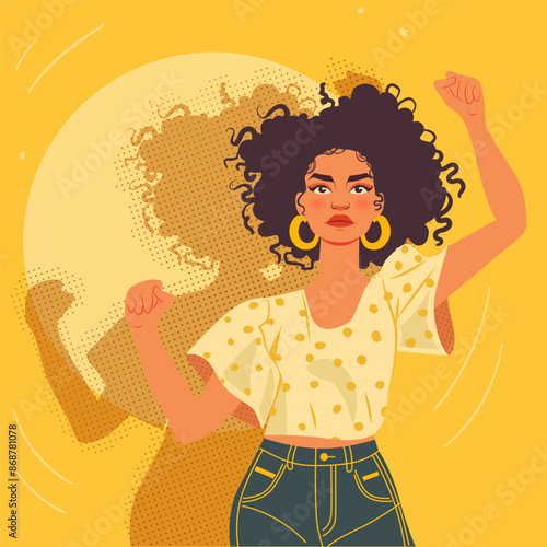 Strong independent woman portrait, bright pop art paint color artwork, vector flat illustration. Fashion female spot silhouette with yellow background. Girl power feminism sisterhood support