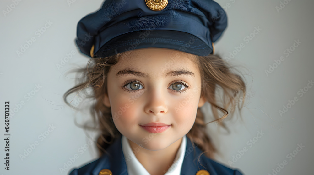 A young girl dressed in an air hostess uniform with a hat, smiling in a bright indoor setting, representing aspirations and imaginative role play, banner with copy space A young girl dressed in an air hostess uniform with a hat, smiling in a bright indoor setting, representing aspirations and imaginative role play, banner with copy space