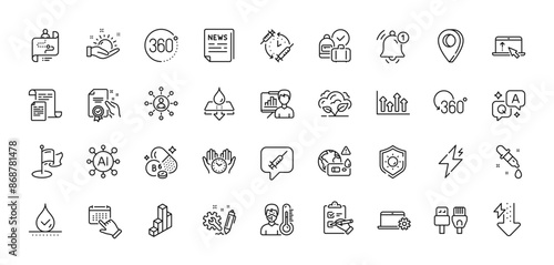 Vaccination schedule, Computer cables and Swipe up line icons pack. AI, Question and Answer, Map pin icons. Sun protection, Waterproof, Notebook service web icon. Vector