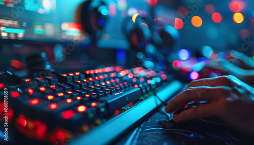 Close up of a gamer's hands using a keyboard and mouse in a dimly lit room. Generated by AI.