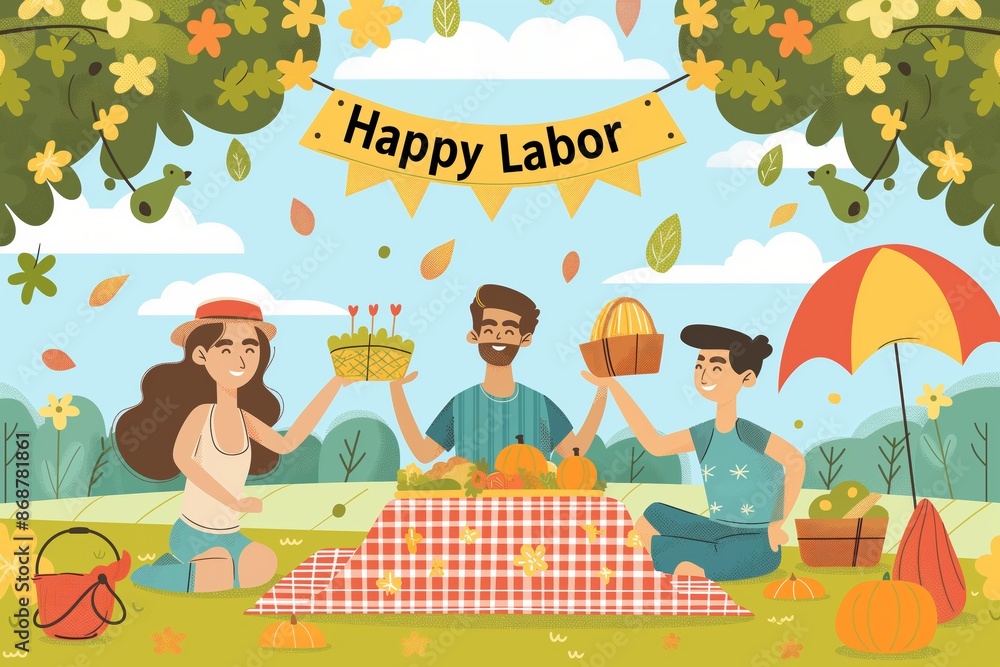 Fototapeta premium A group celebrates Labor Day picnicking joyfully in the park