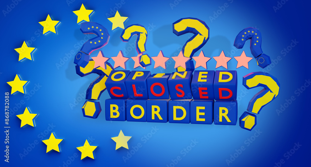 Cubes With The Inscription Opened Border And Closed Border, In Cubes With The Inscription Opened Border And Closed Border, In