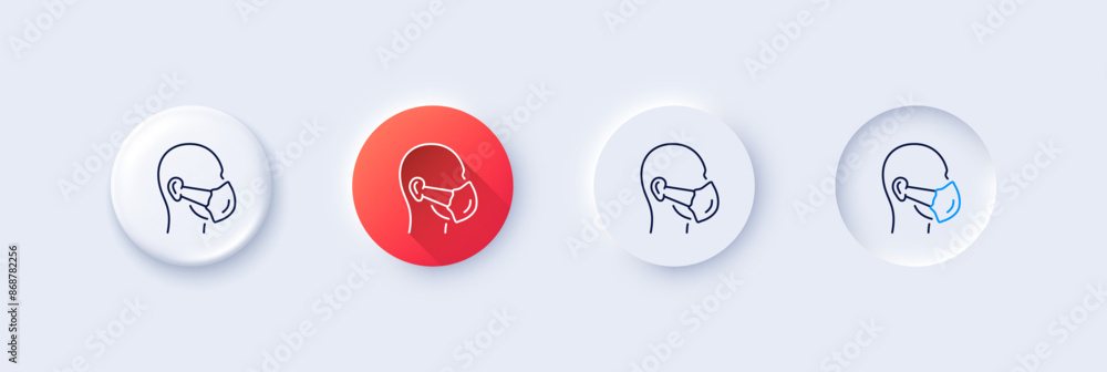 Medical mask line icon. Neumorphic, Red gradient, 3d pin buttons. Safety breathing respiratory mask sign. Coronavirus face protection symbol. Line icons. Neumorphic buttons with outline signs. Vector Medical mask line icon. Neumorphic, Red gradient, 3d pin buttons. Safety breathing respiratory mask sign. Coronavirus face protection symbol. Line icons. Neumorphic buttons with outline signs. Vector