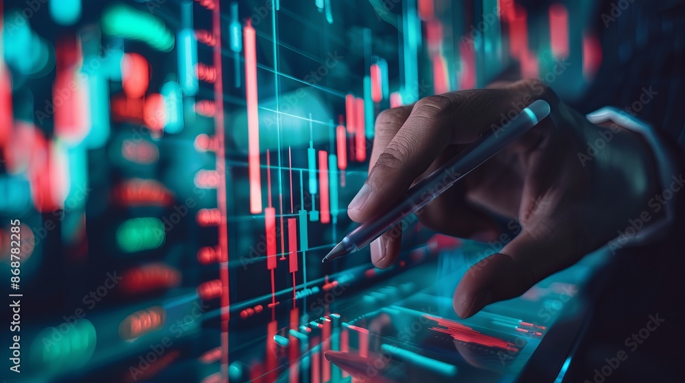 A businessman strategizing digital stock market analysis showcasing positive technology charts and powerful investment ideas Focus on exchange rates economic development stock growth A businessman strategizing digital stock market analysis showcasing positive technology charts and powerful investment ideas Focus on exchange rates economic development stock growth