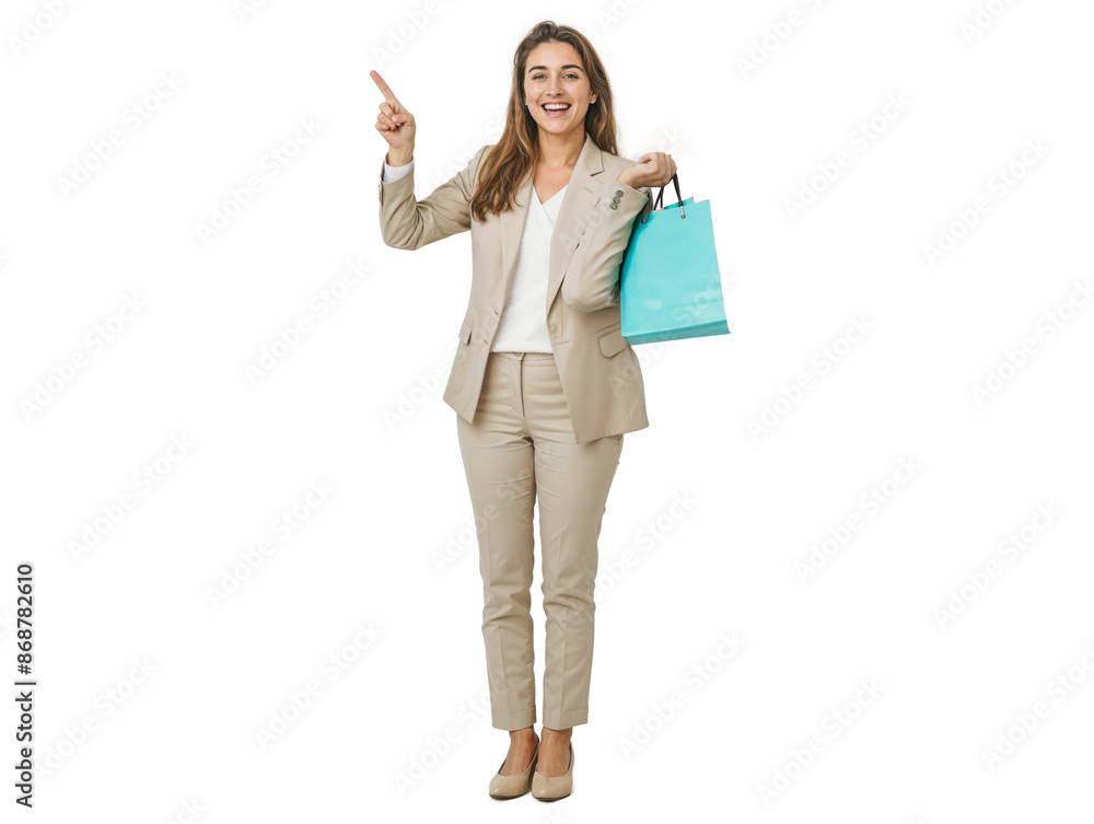 Mulher vestida socialmente com sacolas de compra apontando o dedo e sinalizando para algo. Fundo transparente para uso editorial e em design Mulher vestida socialmente com sacolas de compra apontando o dedo e sinalizando para algo. Fundo transparente para uso editorial e em design