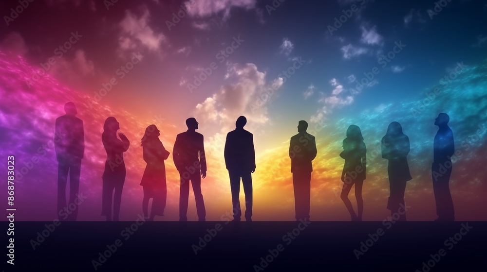 Coloful group of unrecognizable people. Concept of mental, emotional and behavioral divergence. Creative people out of the norm. Imaginative human silhoutte creating their own dreams. 5 persons. Coloful group of unrecognizable people. Concept of mental, emotional and behavioral divergence. Creative people out of the norm. Imaginative human silhoutte creating their own dreams. 5 persons.