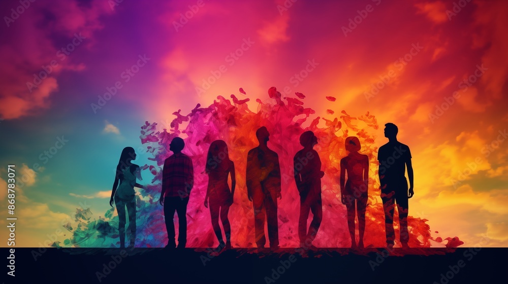 Coloful group of unrecognizable people. Concept of mental, emotional and behavioral divergence. Creative people out of the norm. Imaginative human silhoutte creating their own dreams. 5 persons. Coloful group of unrecognizable people. Concept of mental, emotional and behavioral divergence. Creative people out of the norm. Imaginative human silhoutte creating their own dreams. 5 persons.