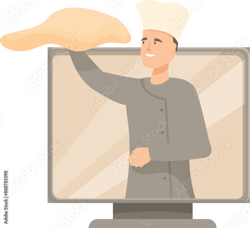 Baker chef kneading dough from a computer screen for an online cooking class