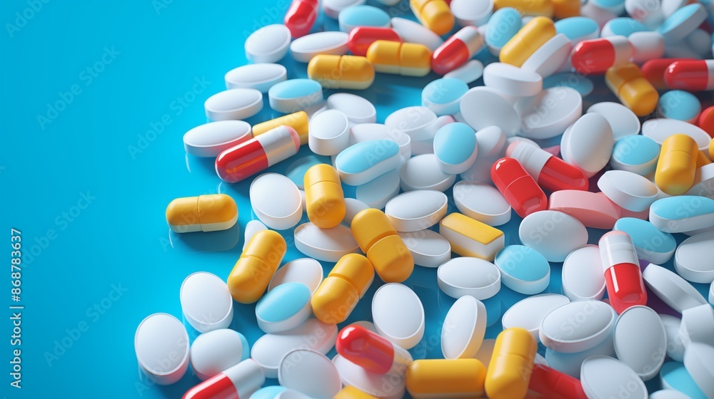 Colorful medicine tablets antibiotic pills on soft blue background Colorful medicine tablets antibiotic pills on soft blue background