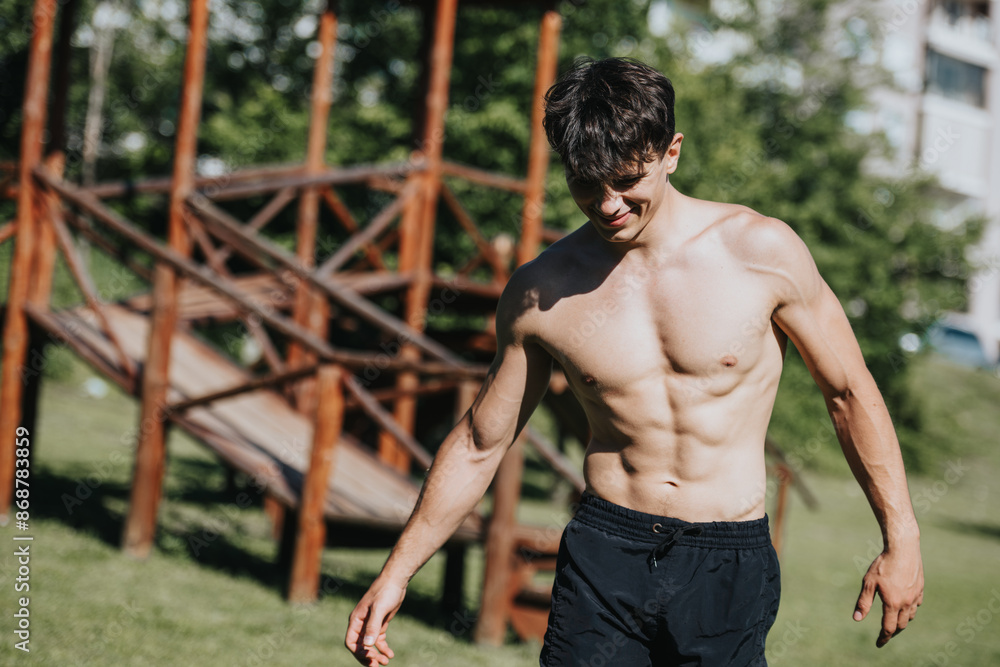 Fit, shirtless young man working out in sunny park, epitomizing strength, fitness, and healthy lifestyle. Fit, shirtless young man working out in sunny park, epitomizing strength, fitness, and healthy lifestyle.