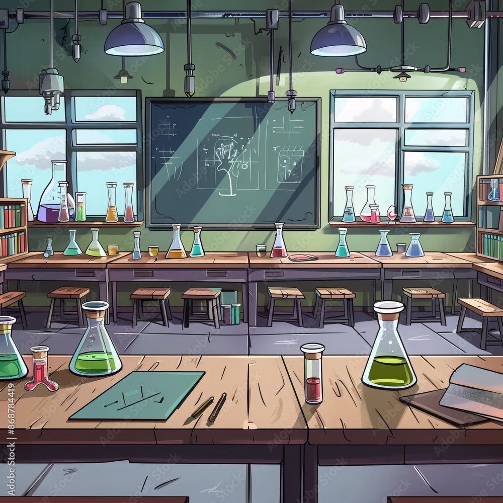 Classroom with lab equipment for chemistry. There's a blackboard, desks ...