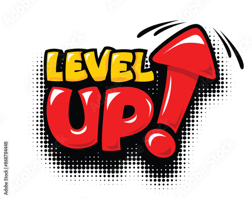 Level Up. Editable cartoon text effect with arrow. Vector  template on transparent background