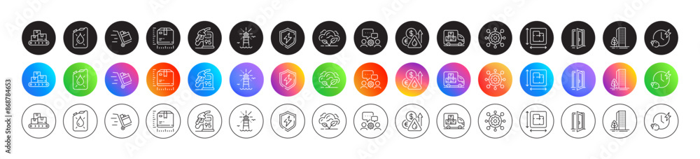 Floor plan, Buildings and Open door line icons. Round icon gradient buttons. Pack of Co2 gas, Lighthouse, Canister icon. Charging time, Wholesale goods, Fuel price pictogram. Vector Floor plan, Buildings and Open door line icons. Round icon gradient buttons. Pack of Co2 gas, Lighthouse, Canister icon. Charging time, Wholesale goods, Fuel price pictogram. Vector