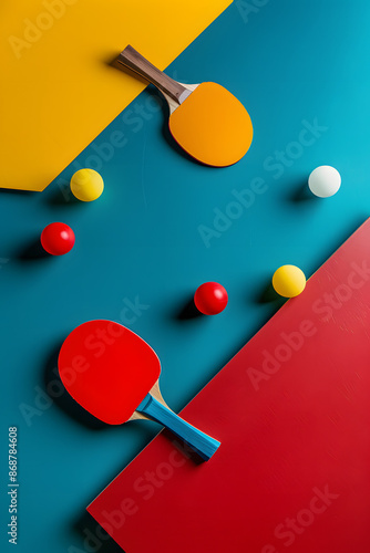Vertical vibrant illustration of Ping Pong rackets and ball background. World Table Tennis Day. Ping-pong posters design. Tournament Announcement, invitation card. Sport club. 