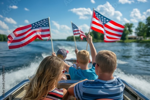 A family on a boat ride on a peaceful lake, proudly waving American flags. 4th of July. Labor day. independence Day