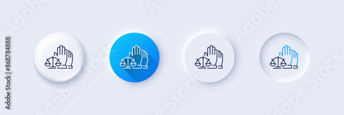 Court jury voting line icon. Neumorphic, Blue gradient, 3d pin buttons. Justice scales sign. Judgement law symbol. Line icons. Neumorphic buttons with outline signs. Vector