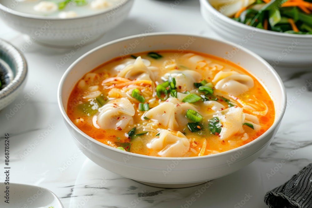 Korean dumpling and rice cake soup on a white marble table Korean dumpling and rice cake soup on a white marble table