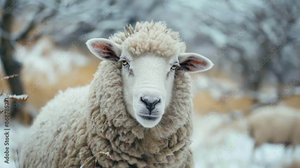 A sheep is standing in the snow with its head up. The sheep is white and has a fluffy coat A sheep is standing in the snow with its head up. The sheep is white and has a fluffy coat