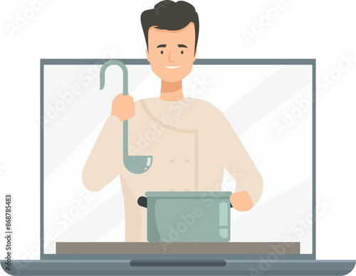 Chef is holding a ladle and cooking pot appearing from laptop screen