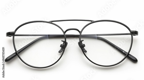 This is an illustration of a sleek modern male eyeglass frame with transparent lenses on a crisp white background. photo
