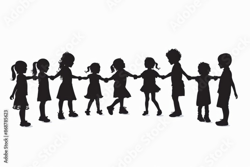 Innocent children holding hands on a white background silhouette