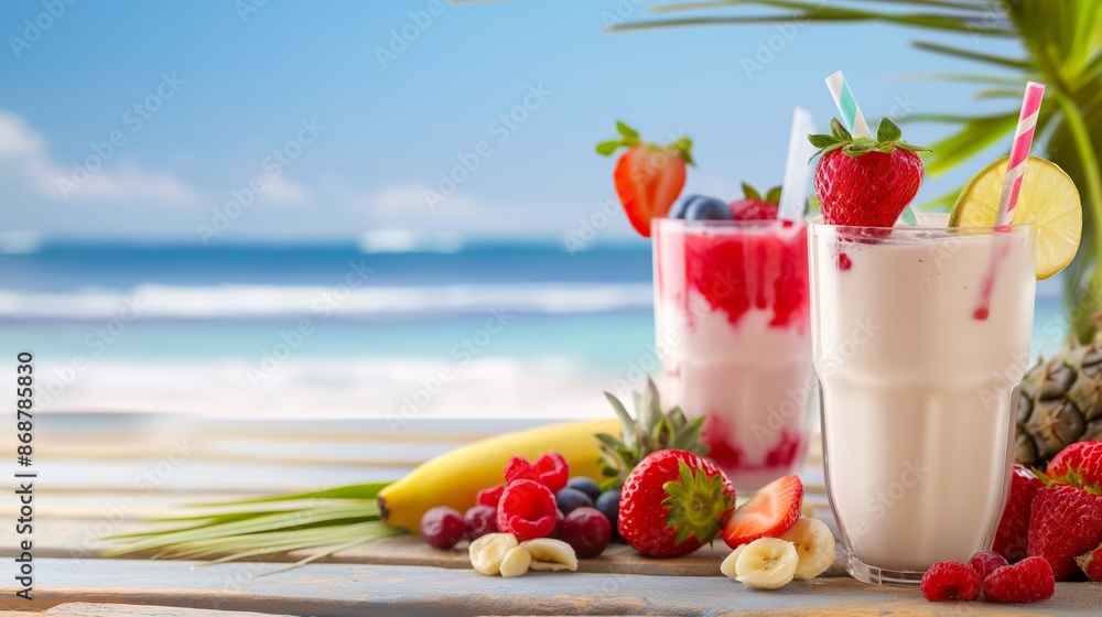 A beach scene with two drinks and fruit on a table. The drinks are strawberry and banana smoothies A beach scene with two drinks and fruit on a table. The drinks are strawberry and banana smoothies