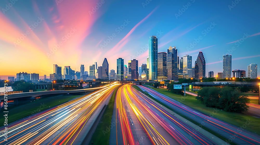 a captivating long-exposure photograph of a bustling cityscape during twilight. Vibrant light trails from moving traffic streak across the road a captivating long-exposure photograph of a bustling cityscape during twilight. Vibrant light trails from moving traffic streak across the road