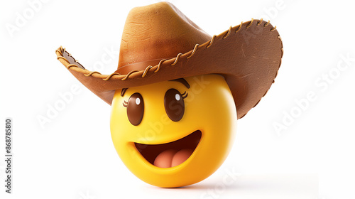 smiling emoji wearing cowboy hat isolated on white background, detailed and realisitic, 3d rendering, sharp focus, no blur, high resolution. photo