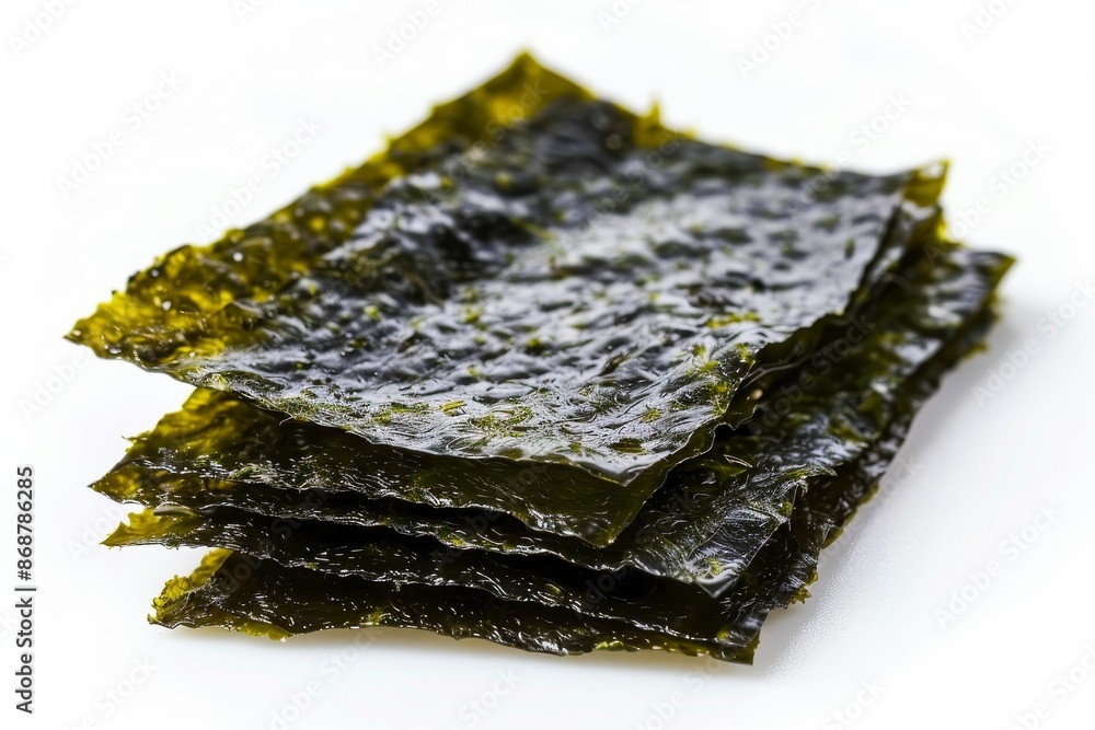 Macro shot of roasted seaweed sheet isolated on white background flat lay healthy food concept Macro shot of roasted seaweed sheet isolated on white background flat lay healthy food concept