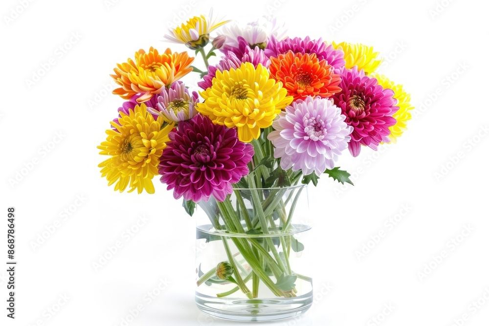 Chrysanthemums in a glass vase on a white surface Chrysanthemums in a glass vase on a white surface