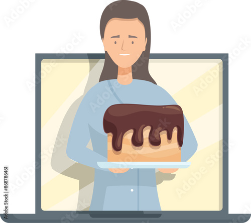 Pastry chef woman holding a chocolate cake on a laptop screen, promoting online baking classes
