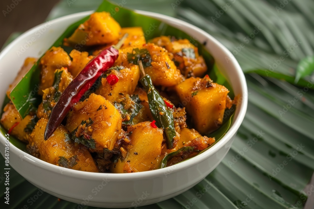 Mango pickle in white bowl with red chillies on banana leaf Mango pickle in white bowl with red chillies on banana leaf
