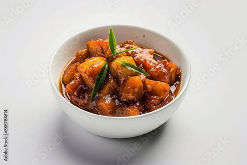 Mango pickle in white bowl on white background