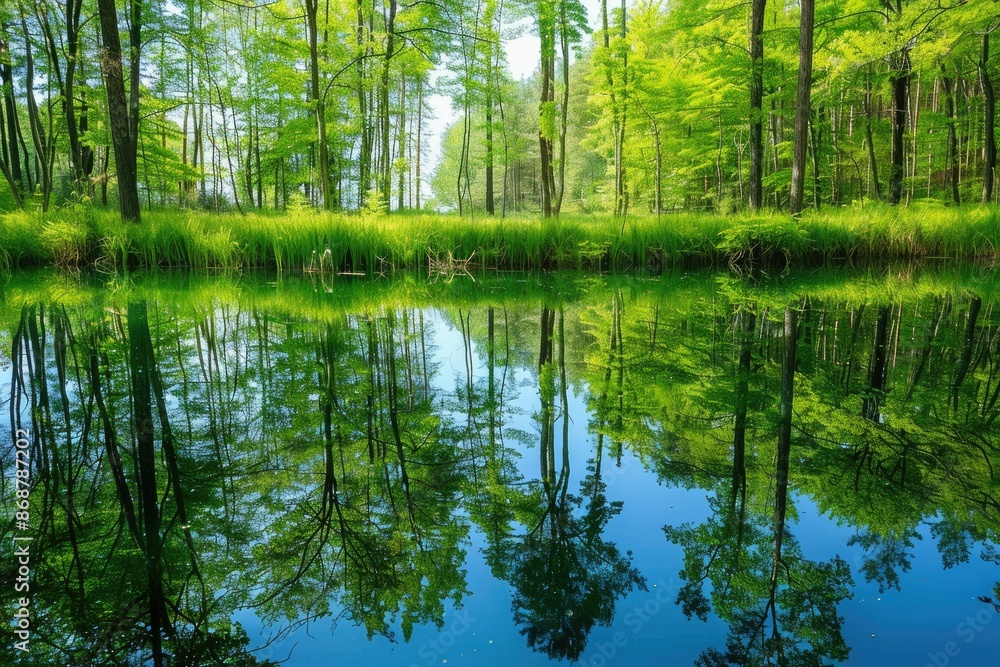 Forest reflected on calm lake with clear skies and grassy shore Forest reflected on calm lake with clear skies and grassy shore