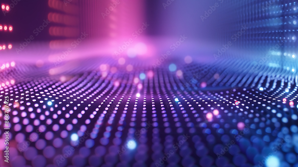 a close-up view of a grid of illuminated dots extending towards the horizon on a surface, with a purple and blue color gradient a close-up view of a grid of illuminated dots extending towards the horizon on a surface, with a purple and blue color gradient