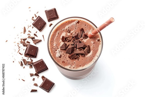 Fresh chocolate milkshake isolated on white background top view