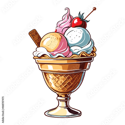 Colorful Ice Cream Sundae Vector Vintage Illustration