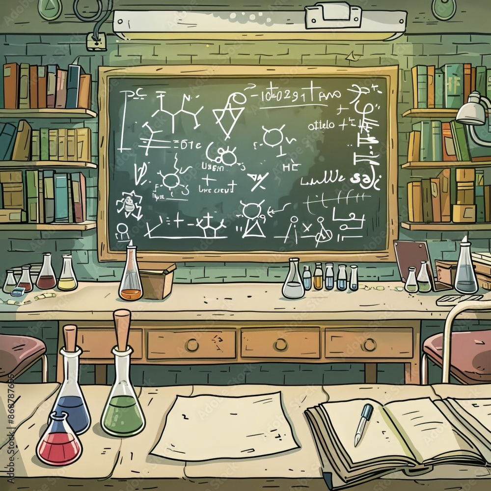 Classroom with lab equipment for chemistry. There's a blackboard, desks ...
