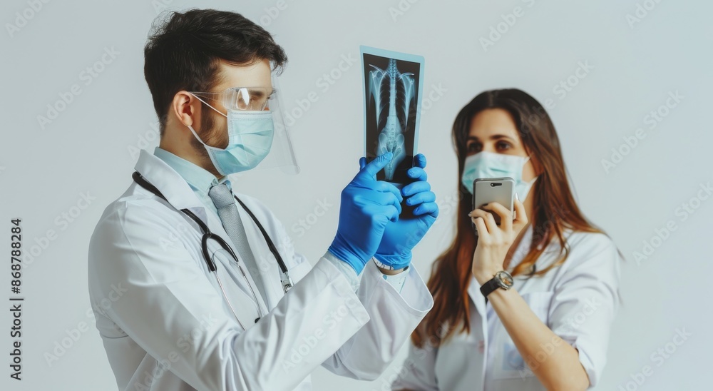 Doctors wearing masks examining chest X-ray and discussing diagnosis over a phone call Doctors wearing masks examining chest X-ray and discussing diagnosis over a phone call
