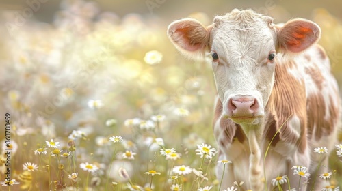 In a vivid aquarelle painting, a serene bovine face with a black nose is surrounded by delicate white daisies in soft, dreamy focus.