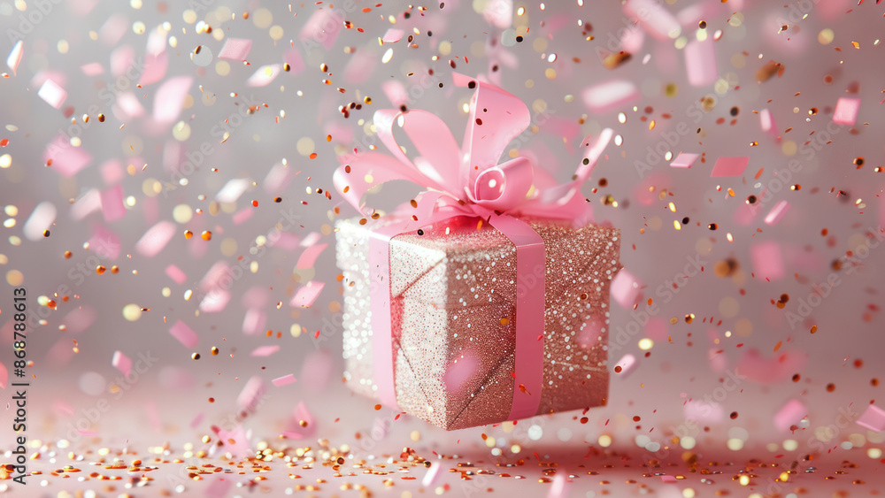 Fototapeta premium Luxury gift box with a pink ribbon bow floating in the air on a festive birthday pink background with confetti; perfect for a party or birthday celebration, festive card