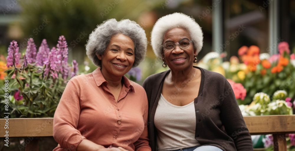 Close up portrait of two senior women sitting on the bench in garden surrounded with spring flowers in bloom, Mature female friendship which lasts year after year. Close up portrait of two senior women sitting on the bench in garden surrounded with spring flowers in bloom, Mature female friendship which lasts year after year.