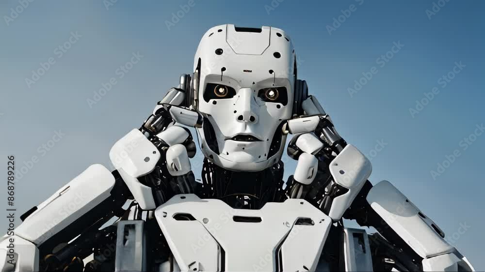 A robot with a white face and hands is shown with its hands on its face A robot with a white face and hands is shown with its hands on its face