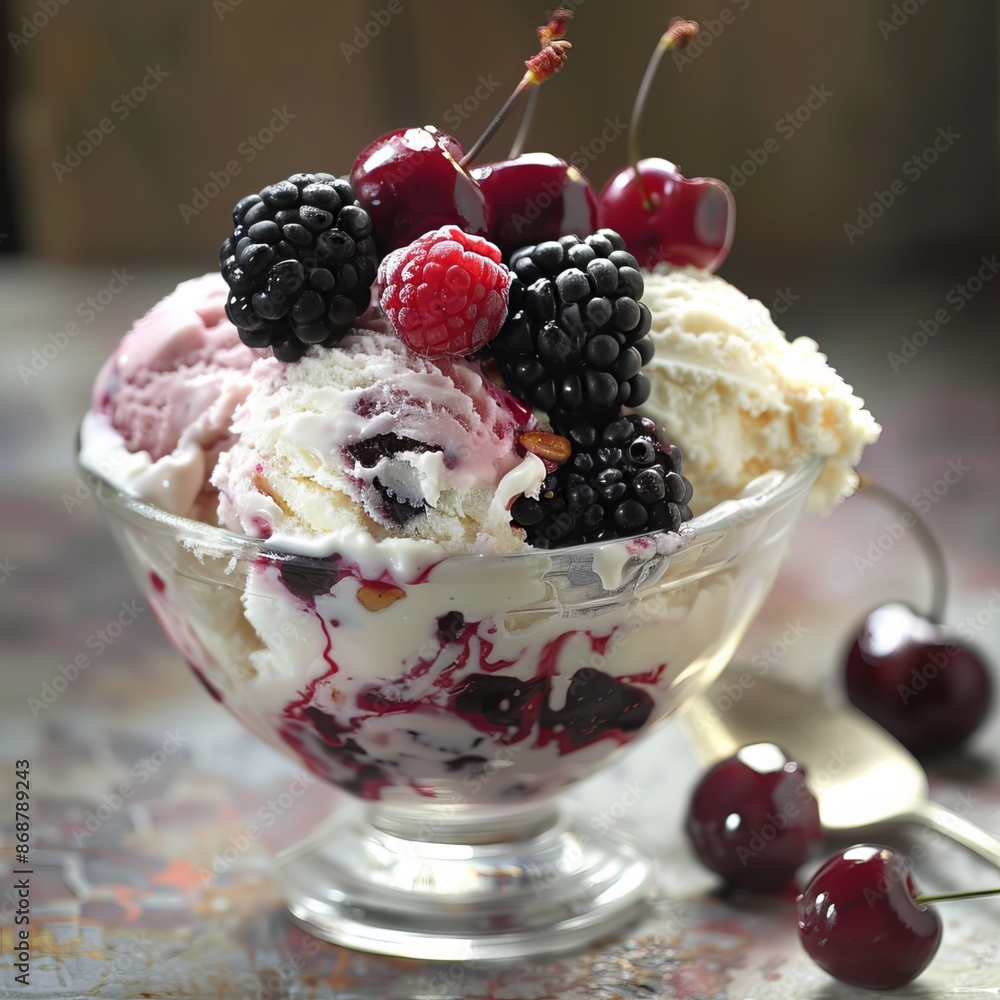 Indulge in a delightful treat with this creamy ice cream served in a glass bowl, topped with juicy blackberries and plump cherries. This sweet creation is a perfect dessert for any occasion. Indulge in a delightful treat with this creamy ice cream served in a glass bowl, topped with juicy blackberries and plump cherries. This sweet creation is a perfect dessert for any occasion.
