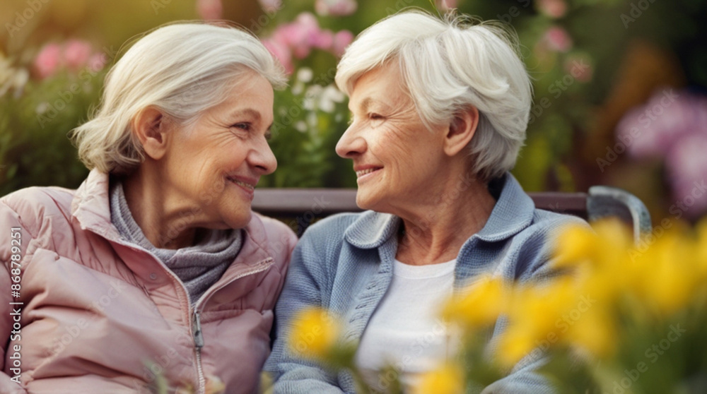 Close up portrait of two senior women sitting on the bench in garden surrounded with spring flowers in bloom, Mature female friendship which lasts year after year. Close up portrait of two senior women sitting on the bench in garden surrounded with spring flowers in bloom, Mature female friendship which lasts year after year.