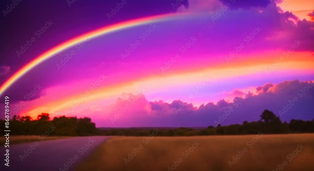 Spectacular rainbow arching over a vivid sunset sky with shades of orange and pink clouds creating a breathtaking and colorful natural display above a silhouetted landscape 4k animation Spectacular rainbow arching over a vivid sunset sky with shades of orange and pink clouds creating a breathtaking and colorful natural display above a silhouetted landscape 4k animation