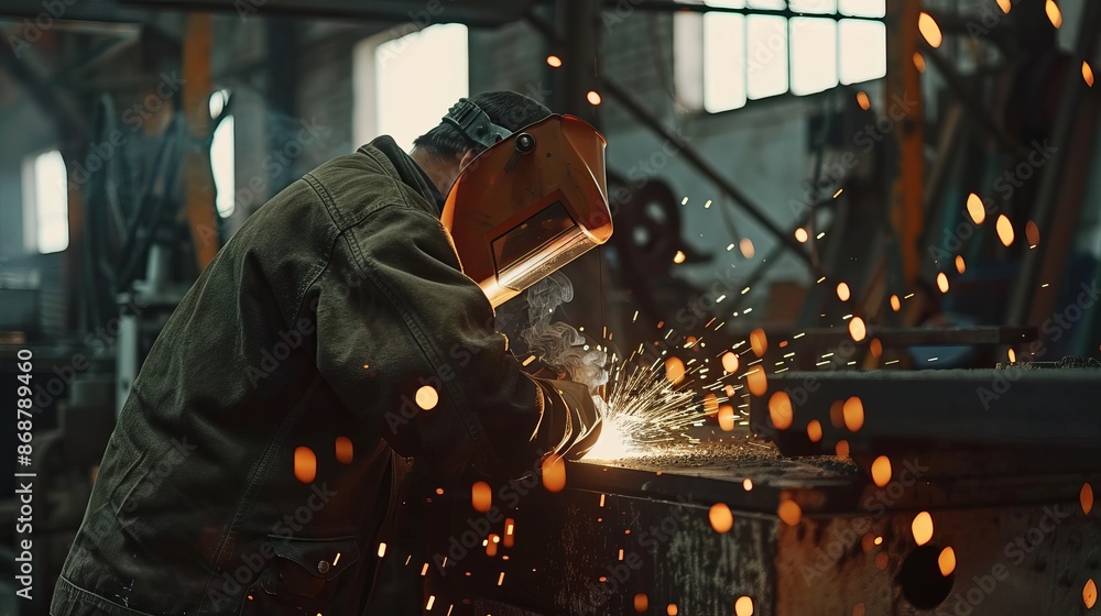 Man working with metal product and welding machine in workshop Industrial manufacturing scene with welding metal parts and orange sparks Man working with metal product and welding machine in workshop Industrial manufacturing scene with welding metal parts and orange sparks