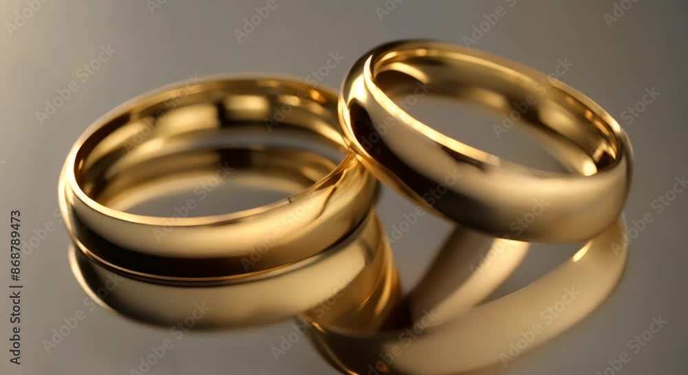 Two elegant gold wedding bands displayed on reflective surfaces highlighting their smooth and polished design 4k animation Two elegant gold wedding bands displayed on reflective surfaces highlighting their smooth and polished design 4k animation