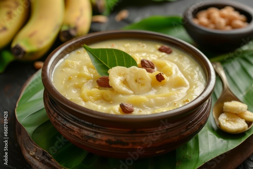 Moong Dal Kheer traditional Indian sweet for Onam festival served on green banana leaf also popular in Sri Lanka photo