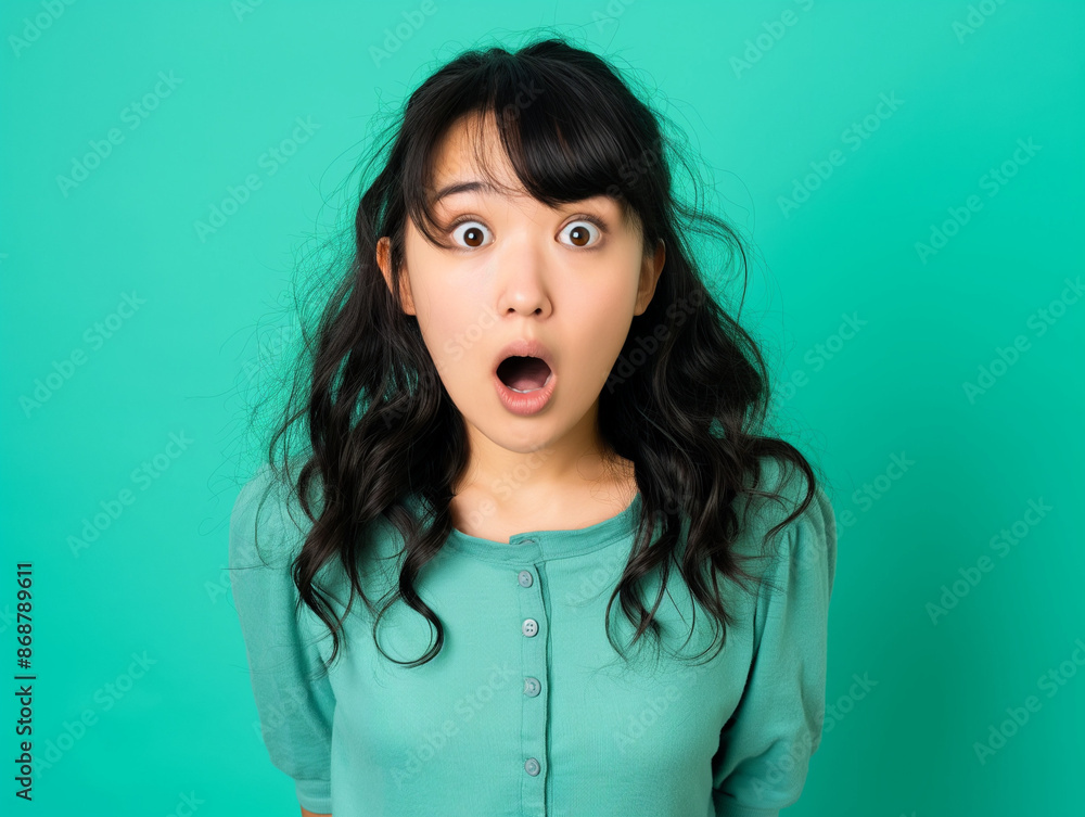 A woman with long hair and a green shirt is making a surprised face A woman with long hair and a green shirt is making a surprised face